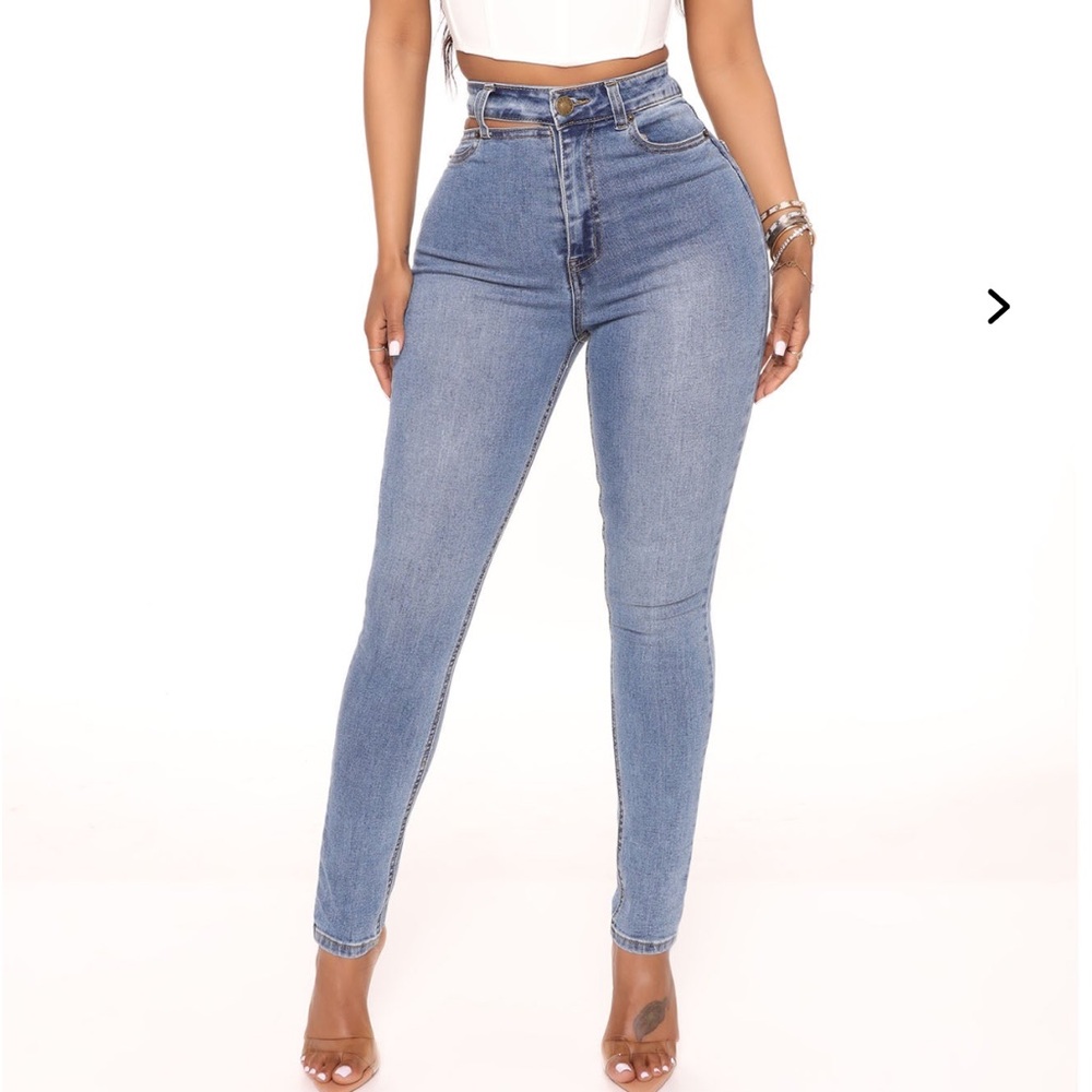 Women's Blue High-Waisted Jeans- Picturesque Cut Out Skinny Jeans - Dark Wash
7
